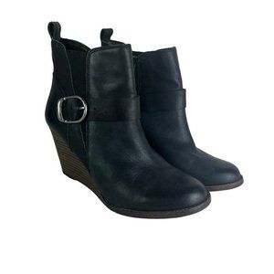 Lucky Brand Yishi Ankle Booties 8.5 Black Leather‎ Stacked Wedge Zip Buck…